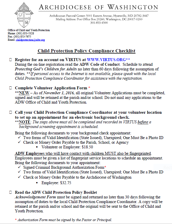 child protection policy compliance checklist for volunteers